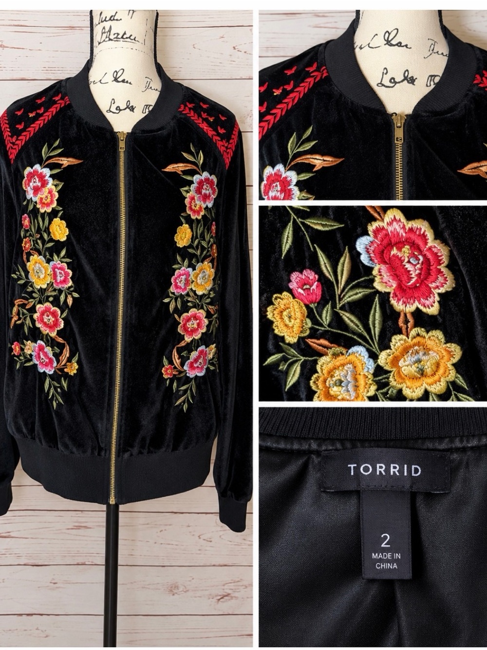 torrid Black Velvet Bomber Jacket with Red & Yellow Floral Embroidery